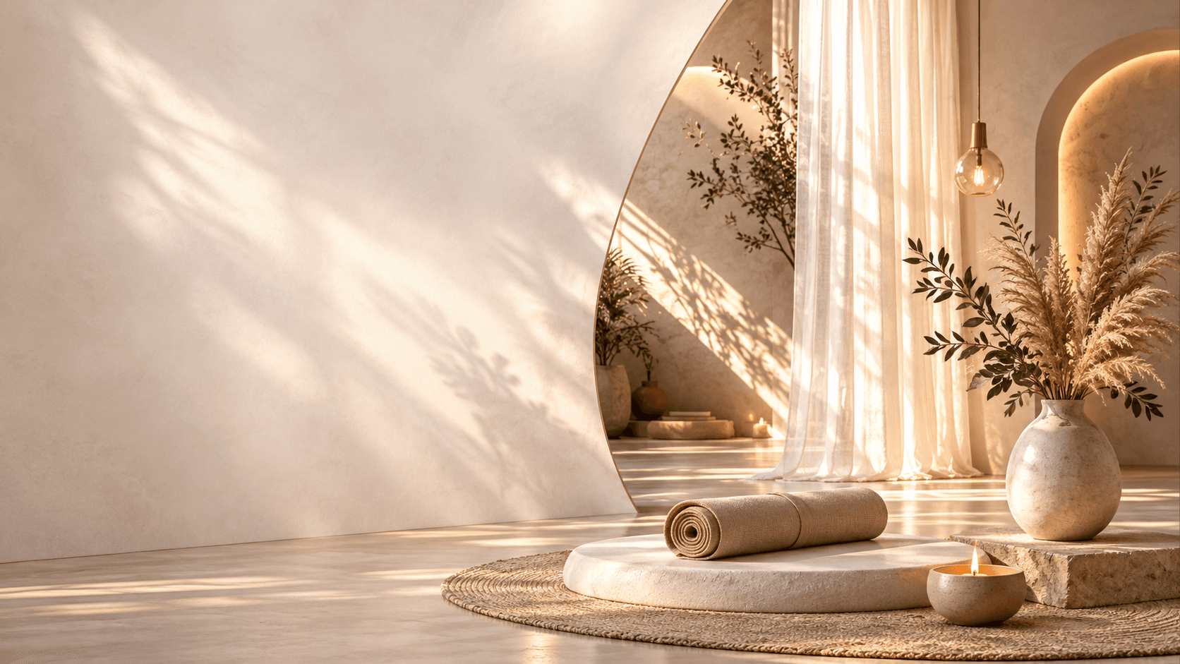 Bright yoga space: a rolled mat, a candle, a vase of pampas grass and a sheer curtain
